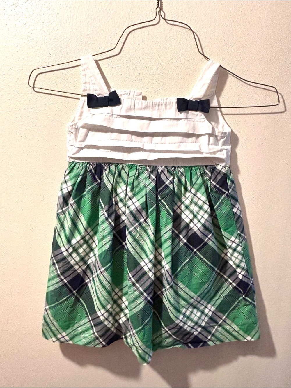 Janie & Jack Girls Size 3 Plaid Dress Green Navy White Bow Detail EUC